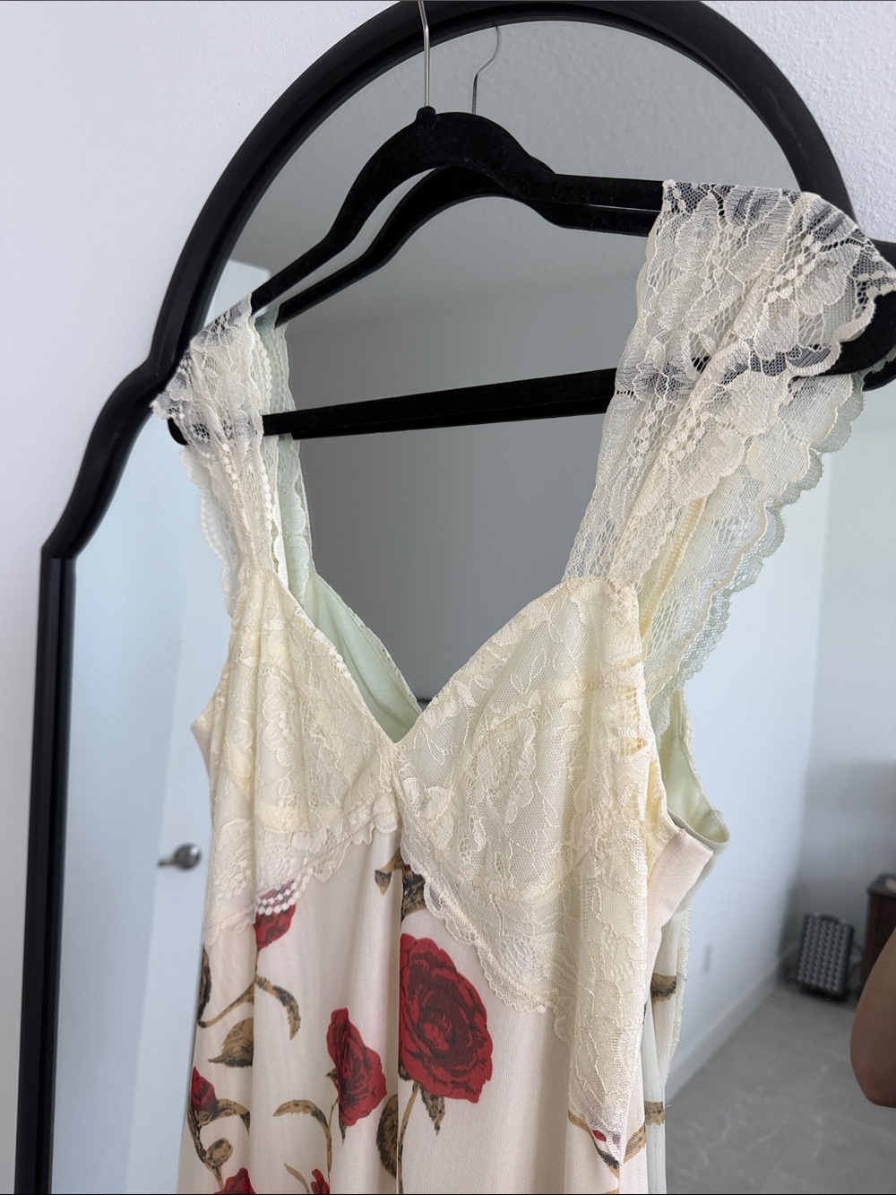 12th Tribe Cream Slip Dress with Red Rose Print and Lace - Picture 7 of 10